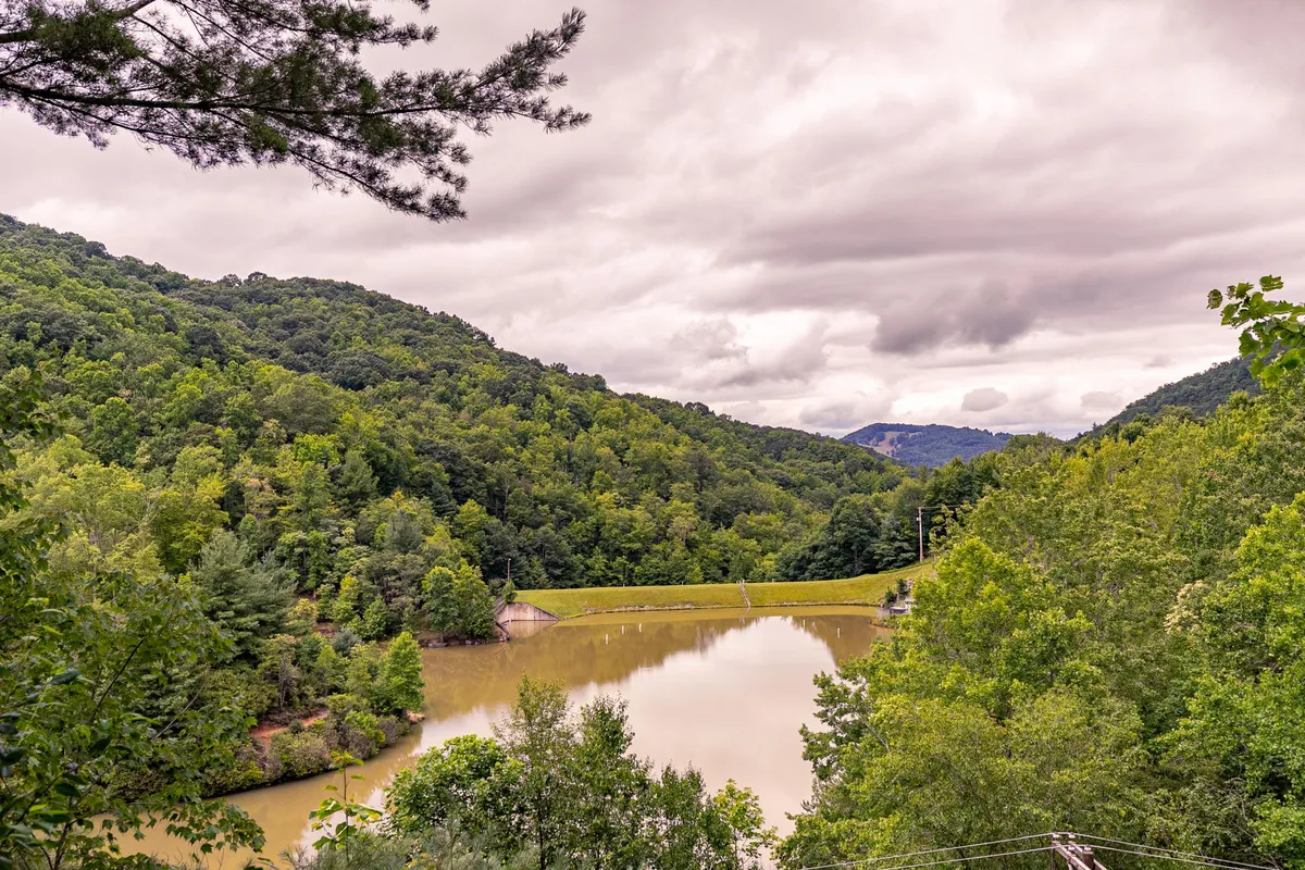 A breathtaking view of the lake framed by lush trees and distant mountains, capturing the serene natural environment that surrounds the property. The calm water and gentle landscape suggest opportunities for peaceful walks, outdoor relaxation, and inspiration.